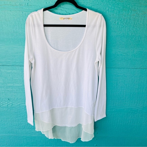 FREE PEOPLE WHITE FLOWY CHIFFON SHEER TIERED HEM TUNIC TOP LS SIZE LARGE - Picture 1 of 7